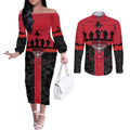 Personalised Essendon Football ANZAC Day Couples Matching Off The Shoulder Long Sleeve Dress and Long Sleeve Button Shirt Bombers Poppy Lest We Forget