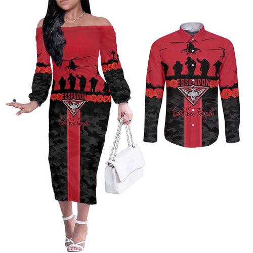Personalised Essendon Football ANZAC Day Couples Matching Off The Shoulder Long Sleeve Dress and Long Sleeve Button Shirt Bombers Poppy Lest We Forget