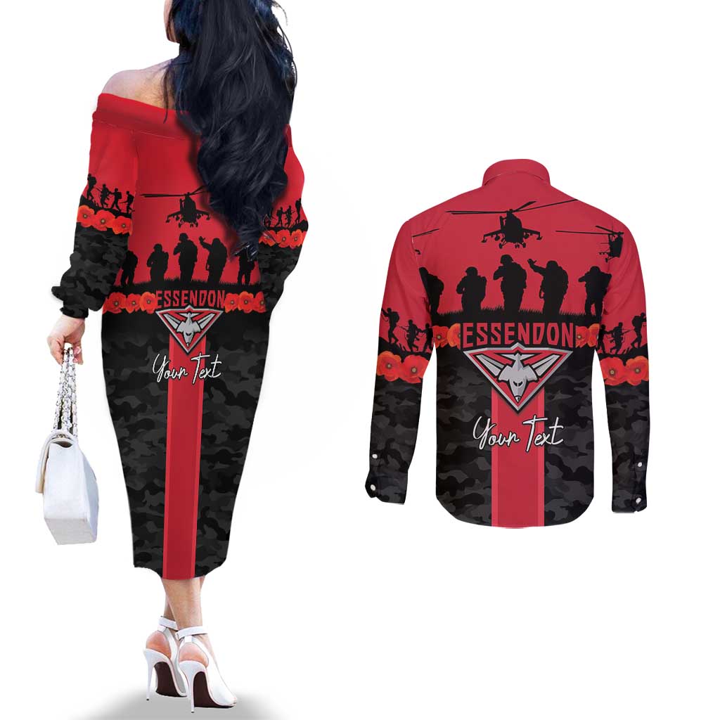 Personalised Essendon Football ANZAC Day Couples Matching Off The Shoulder Long Sleeve Dress and Long Sleeve Button Shirt Bombers Poppy Lest We Forget