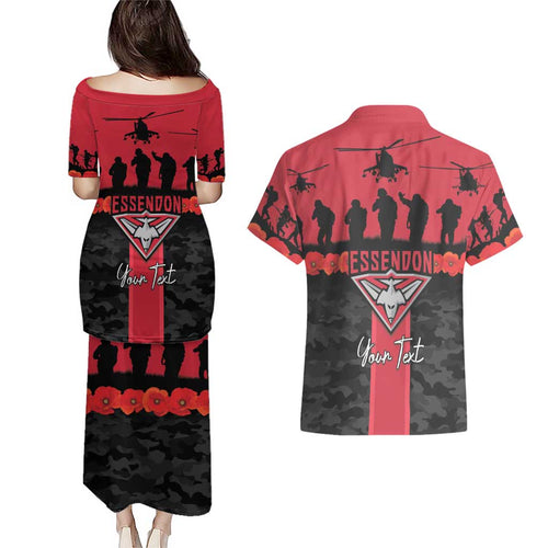 Personalised Essendon Football ANZAC Day Couples Matching Puletasi and Hawaiian Shirt Bombers Poppy Lest We Forget