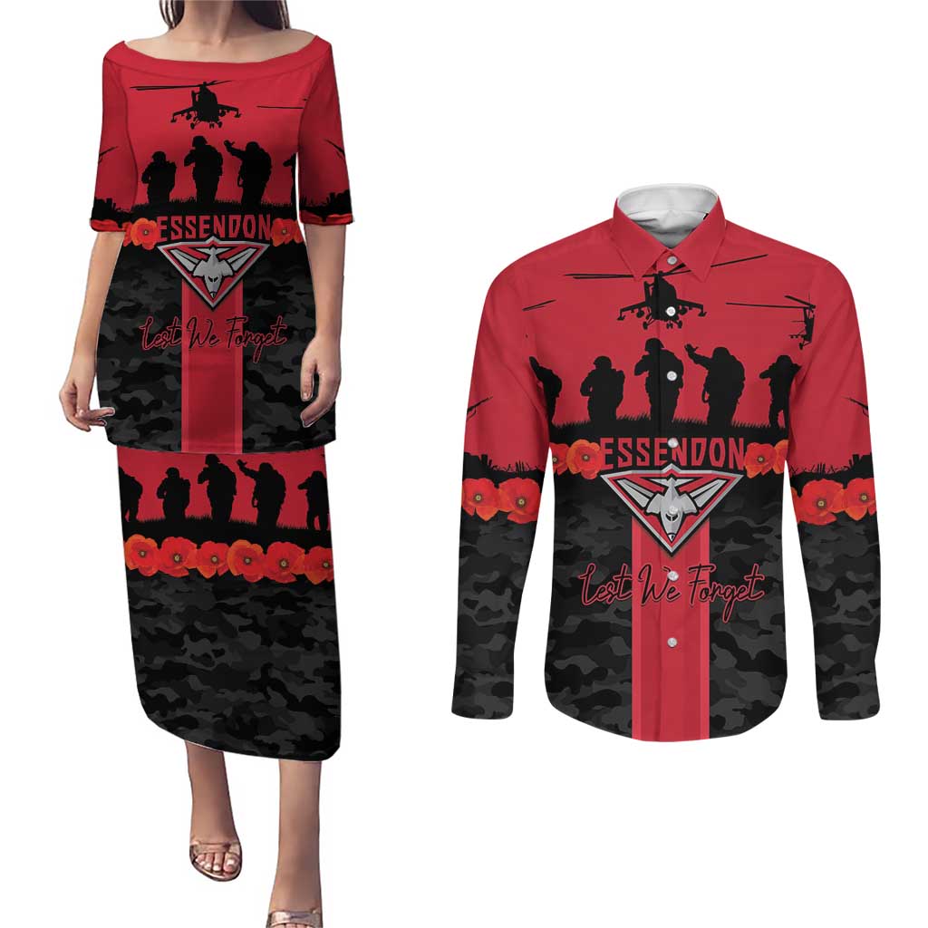 Personalised Essendon Football ANZAC Day Couples Matching Puletasi and Long Sleeve Button Shirt Bombers Poppy Lest We Forget