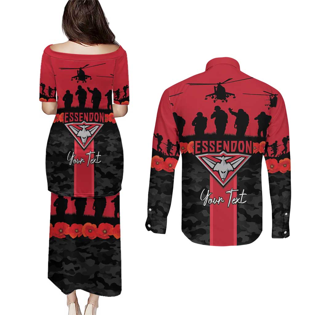 Personalised Essendon Football ANZAC Day Couples Matching Puletasi and Long Sleeve Button Shirt Bombers Poppy Lest We Forget