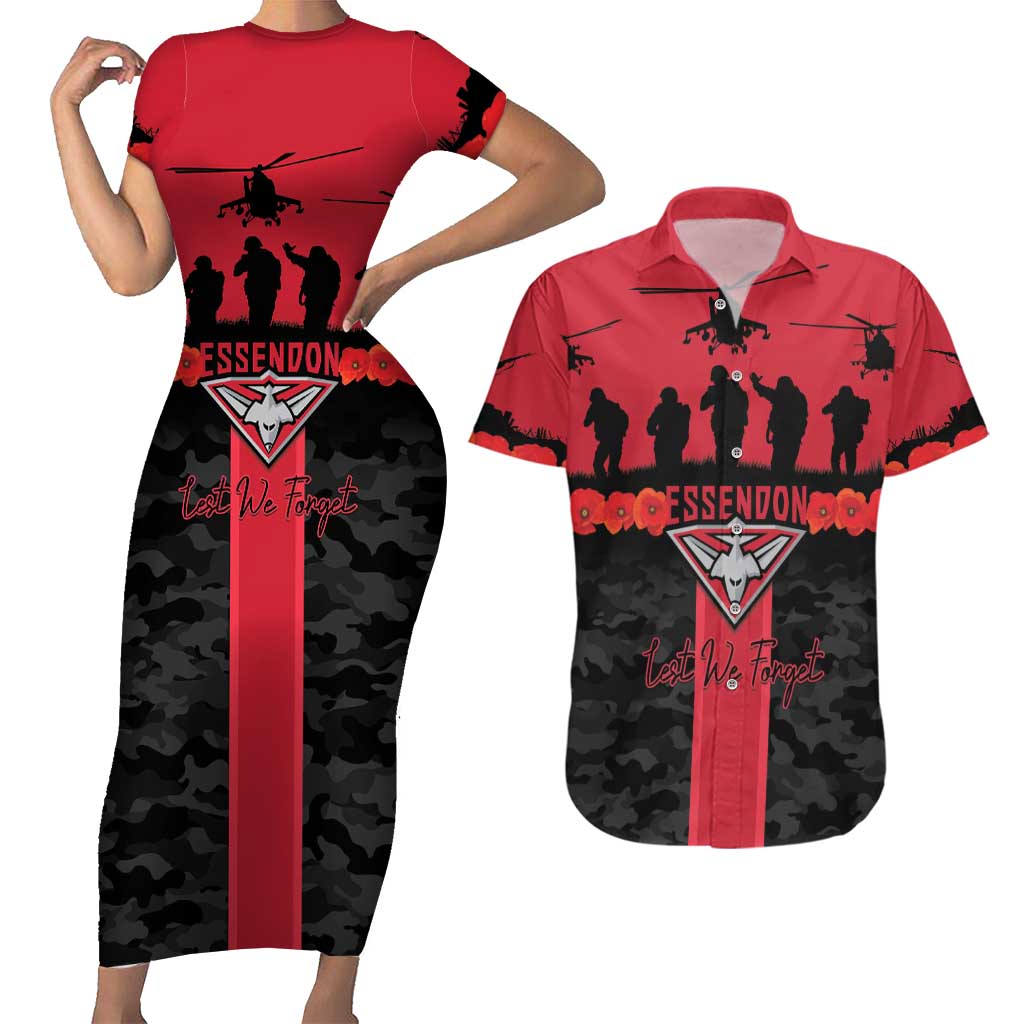 Personalised Essendon Football ANZAC Day Couples Matching Short Sleeve Bodycon Dress and Hawaiian Shirt Bombers Poppy Lest We Forget
