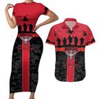 Personalised Essendon Football ANZAC Day Couples Matching Short Sleeve Bodycon Dress and Hawaiian Shirt Bombers Poppy Lest We Forget