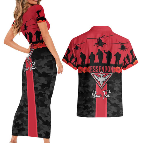 Personalised Essendon Football ANZAC Day Couples Matching Short Sleeve Bodycon Dress and Hawaiian Shirt Bombers Poppy Lest We Forget