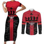 Personalised Essendon Football ANZAC Day Couples Matching Short Sleeve Bodycon Dress and Long Sleeve Button Shirt Bombers Poppy Lest We Forget