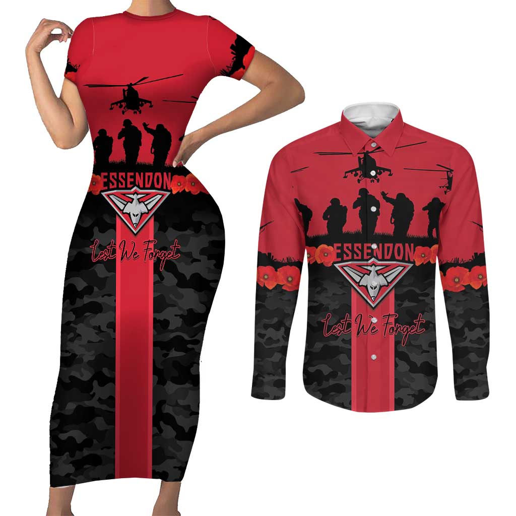 Personalised Essendon Football ANZAC Day Couples Matching Short Sleeve Bodycon Dress and Long Sleeve Button Shirt Bombers Poppy Lest We Forget