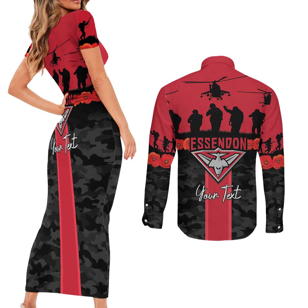 Personalised Essendon Football ANZAC Day Couples Matching Short Sleeve Bodycon Dress and Long Sleeve Button Shirt Bombers Poppy Lest We Forget