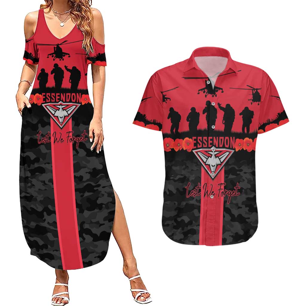 Personalised Essendon Football ANZAC Day Couples Matching Summer Maxi Dress and Hawaiian Shirt Bombers Poppy Lest We Forget