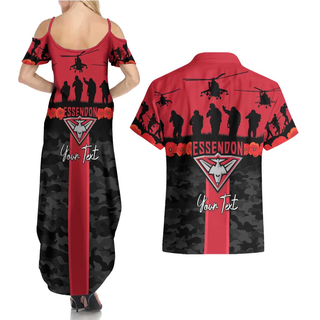 Personalised Essendon Football ANZAC Day Couples Matching Summer Maxi Dress and Hawaiian Shirt Bombers Poppy Lest We Forget