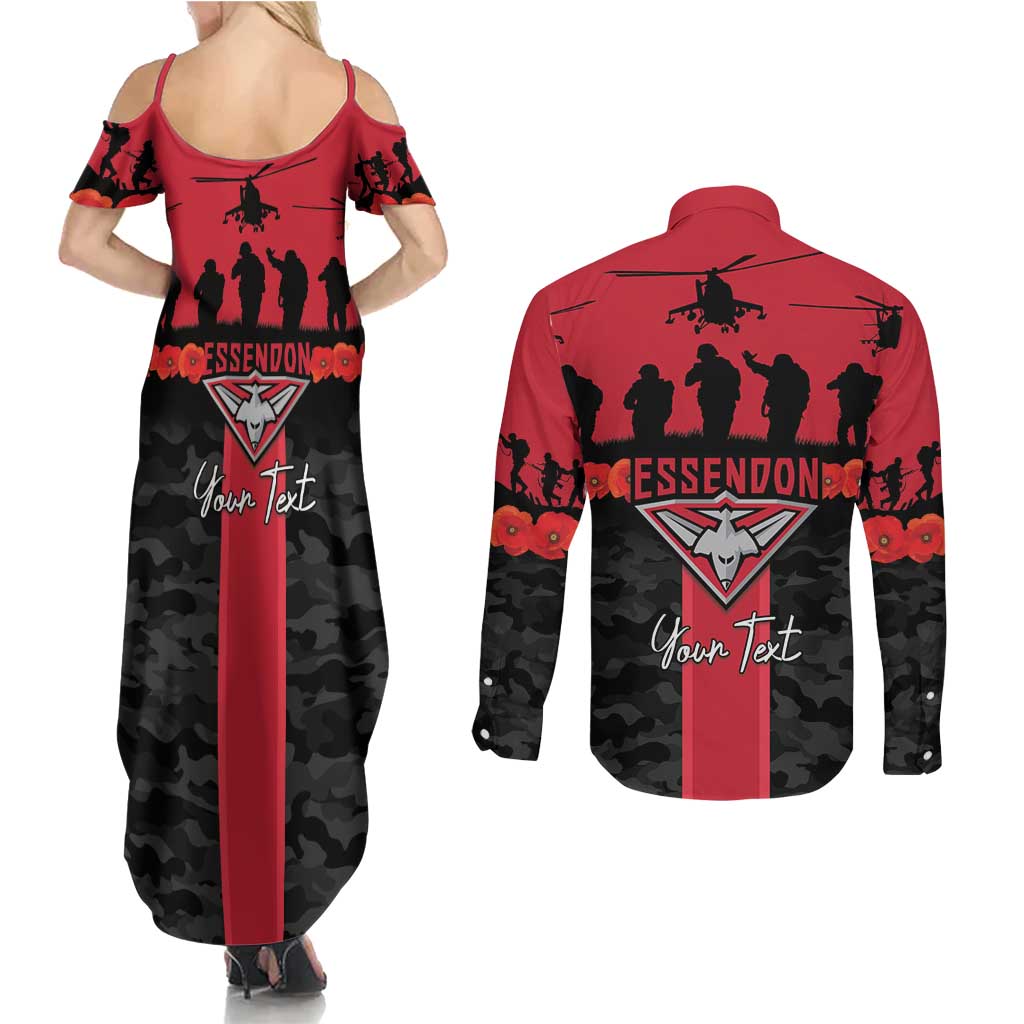 Personalised Essendon Football ANZAC Day Couples Matching Summer Maxi Dress and Long Sleeve Button Shirt Bombers Poppy Lest We Forget