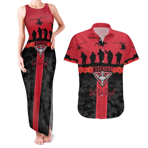 Personalised Essendon Football ANZAC Day Couples Matching Tank Maxi Dress and Hawaiian Shirt Bombers Poppy Lest We Forget