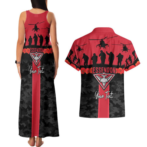 Personalised Essendon Football ANZAC Day Couples Matching Tank Maxi Dress and Hawaiian Shirt Bombers Poppy Lest We Forget