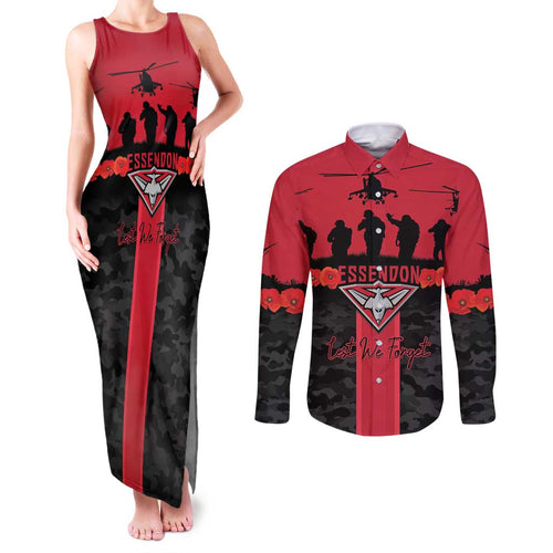 Personalised Essendon Football ANZAC Day Couples Matching Tank Maxi Dress and Long Sleeve Button Shirt Bombers Poppy Lest We Forget