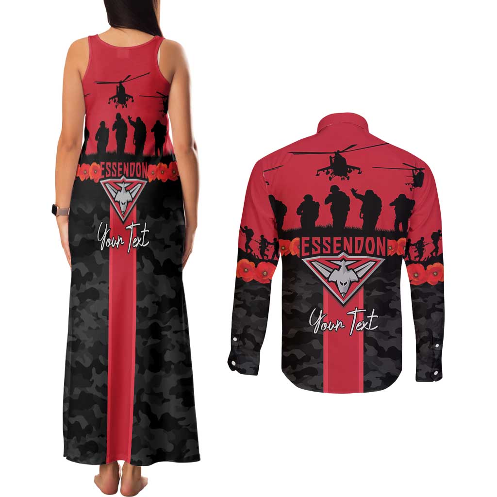 Personalised Essendon Football ANZAC Day Couples Matching Tank Maxi Dress and Long Sleeve Button Shirt Bombers Poppy Lest We Forget