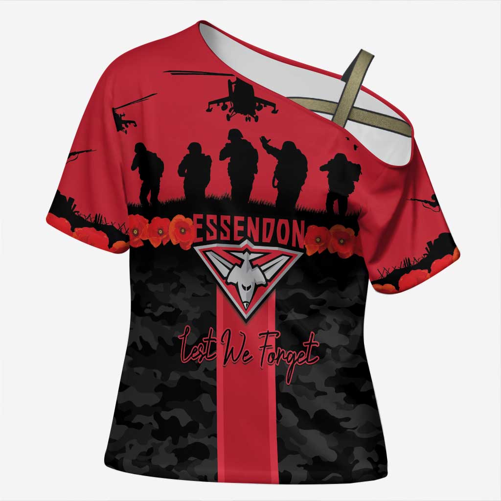 Personalised Essendon Football ANZAC Day Cross Shoulder Shirt Bombers Poppy Lest We Forget