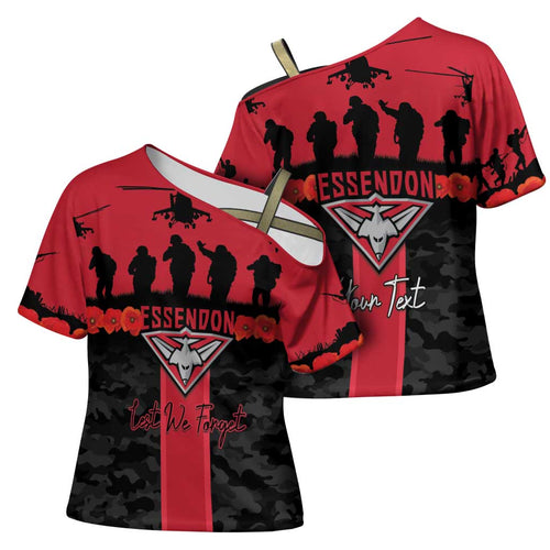 Personalised Essendon Football ANZAC Day Cross Shoulder Shirt Bombers Poppy Lest We Forget