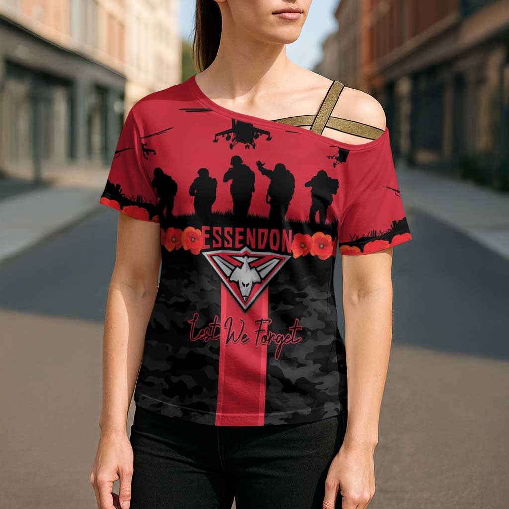 Personalised Essendon Football ANZAC Day Cross Shoulder Shirt Bombers Poppy Lest We Forget