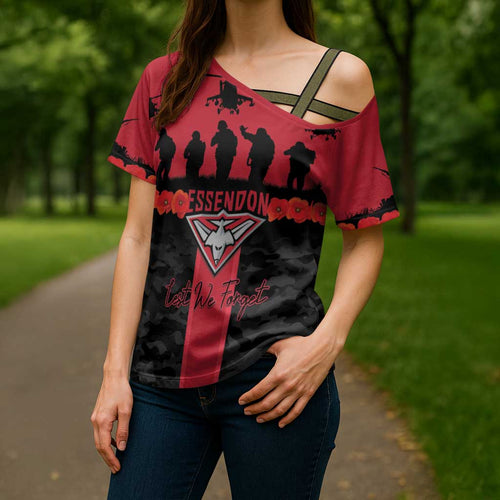 Personalised Essendon Football ANZAC Day Cross Shoulder Shirt Bombers Poppy Lest We Forget