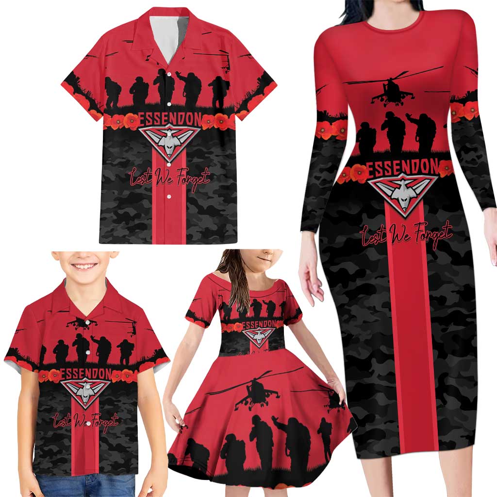 Personalised Essendon Football ANZAC Day Family Matching Long Sleeve Bodycon Dress and Hawaiian Shirt Bombers Poppy Lest We Forget