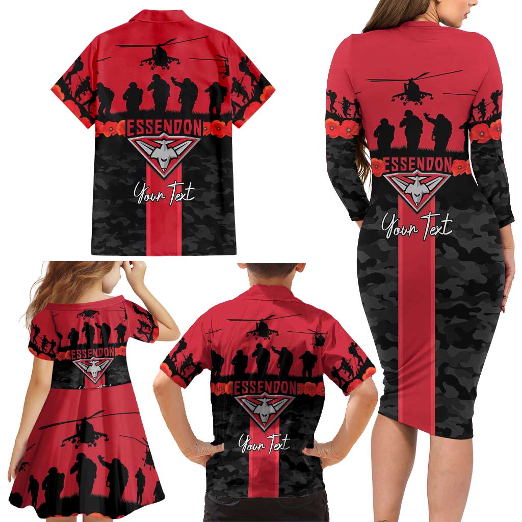 Personalised Essendon Football ANZAC Day Family Matching Long Sleeve Bodycon Dress and Hawaiian Shirt Bombers Poppy Lest We Forget
