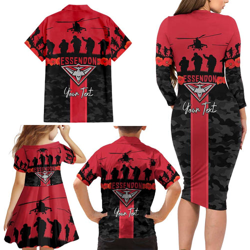 Personalised Essendon Football ANZAC Day Family Matching Long Sleeve Bodycon Dress and Hawaiian Shirt Bombers Poppy Lest We Forget