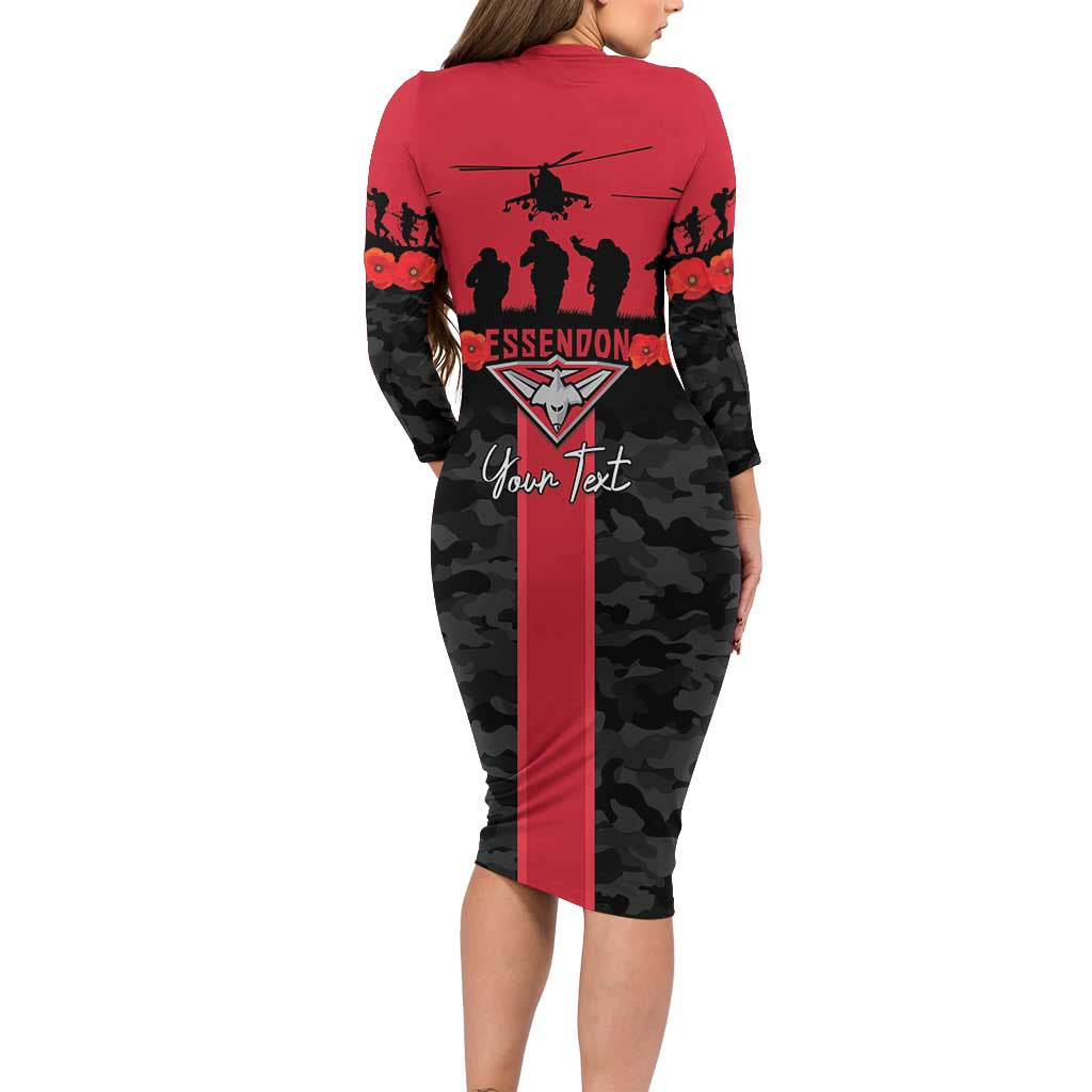 Personalised Essendon Football ANZAC Day Family Matching Long Sleeve Bodycon Dress and Hawaiian Shirt Bombers Poppy Lest We Forget
