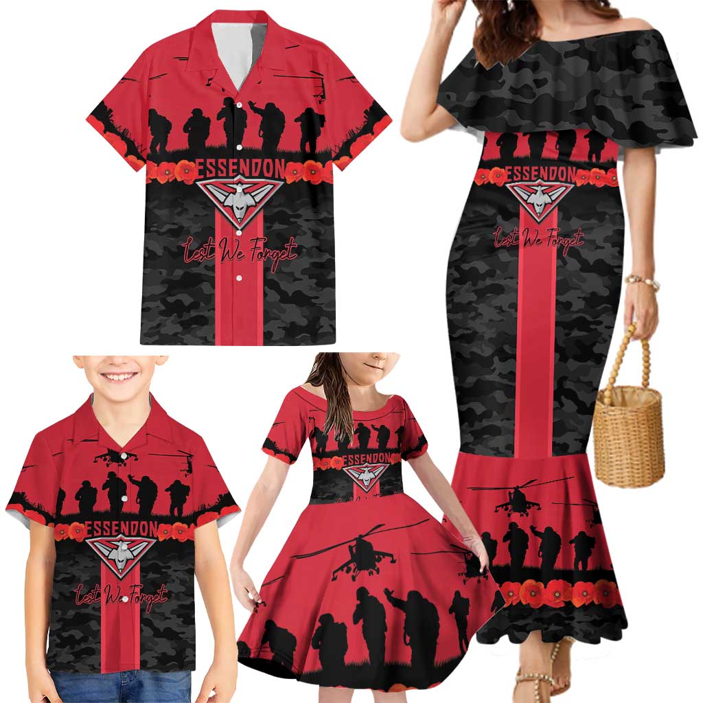 Personalised Essendon Football ANZAC Day Family Matching Mermaid Dress and Hawaiian Shirt Bombers Poppy Lest We Forget