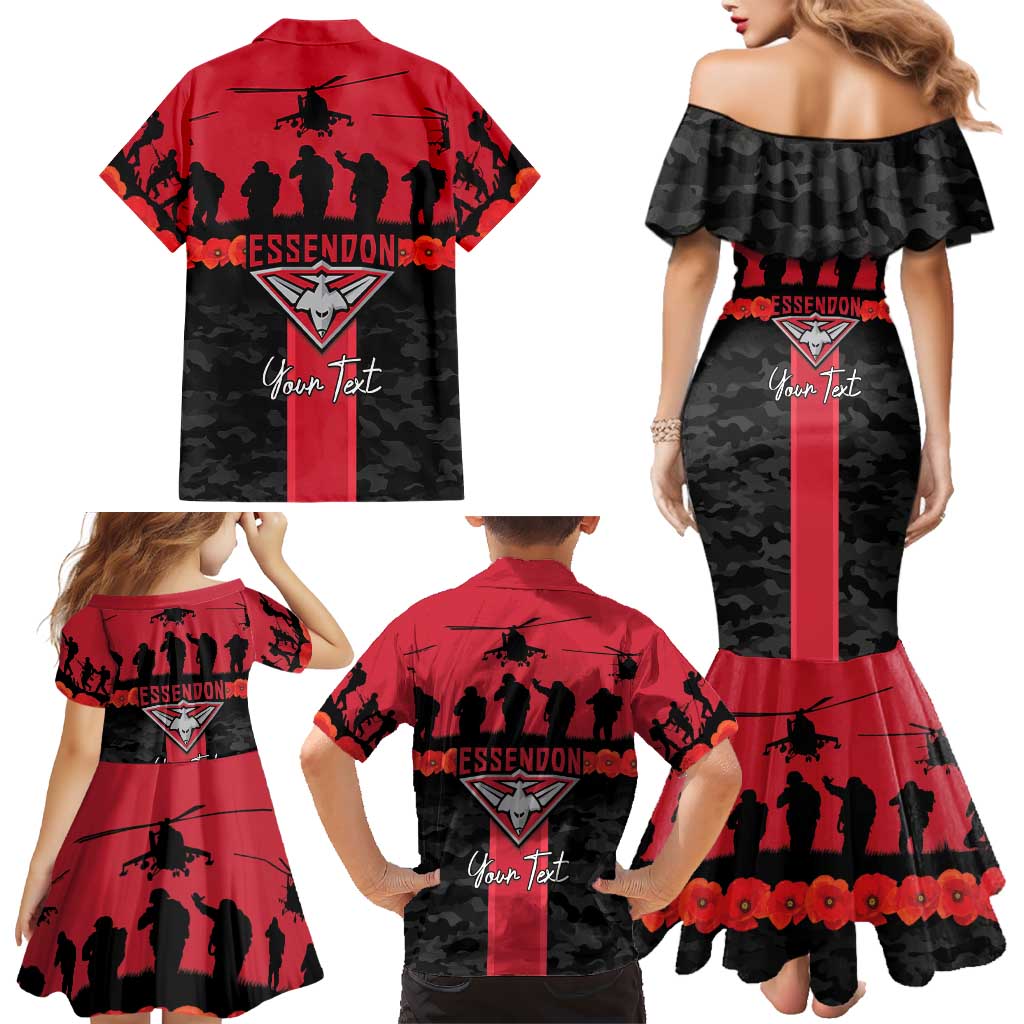 Personalised Essendon Football ANZAC Day Family Matching Mermaid Dress and Hawaiian Shirt Bombers Poppy Lest We Forget