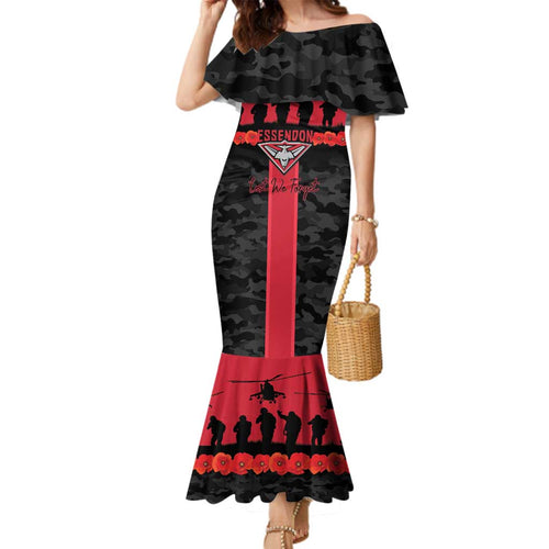 Personalised Essendon Football ANZAC Day Family Matching Mermaid Dress and Hawaiian Shirt Bombers Poppy Lest We Forget
