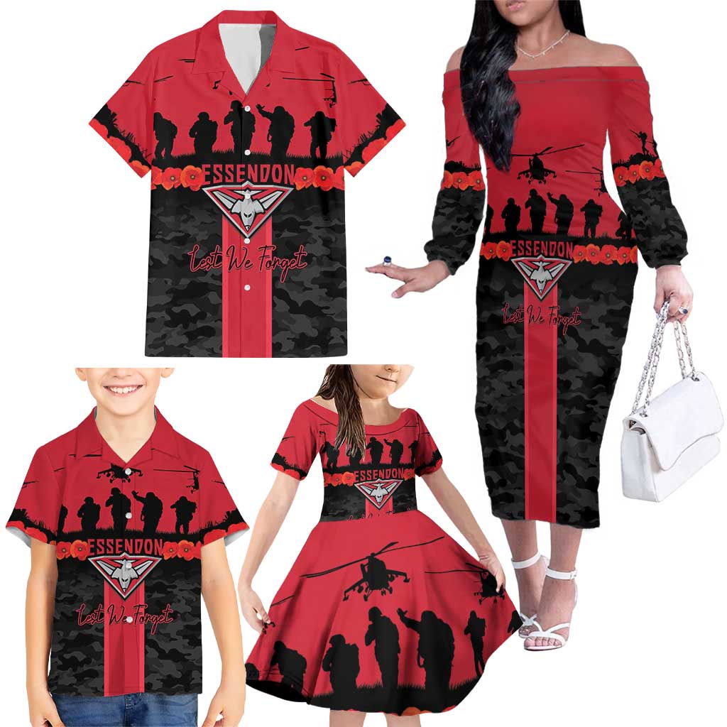 Personalised Essendon Football ANZAC Day Family Matching Off The Shoulder Long Sleeve Dress and Hawaiian Shirt Bombers Poppy Lest We Forget
