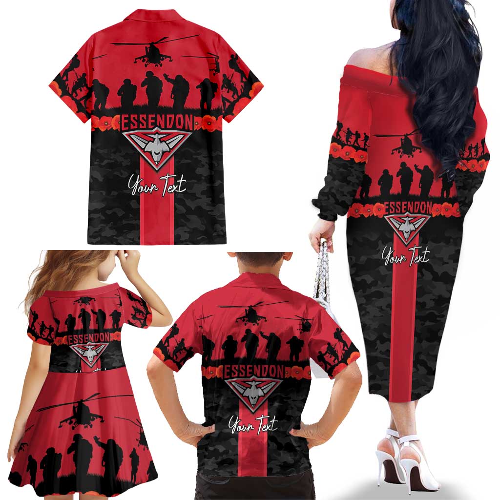 Personalised Essendon Football ANZAC Day Family Matching Off The Shoulder Long Sleeve Dress and Hawaiian Shirt Bombers Poppy Lest We Forget