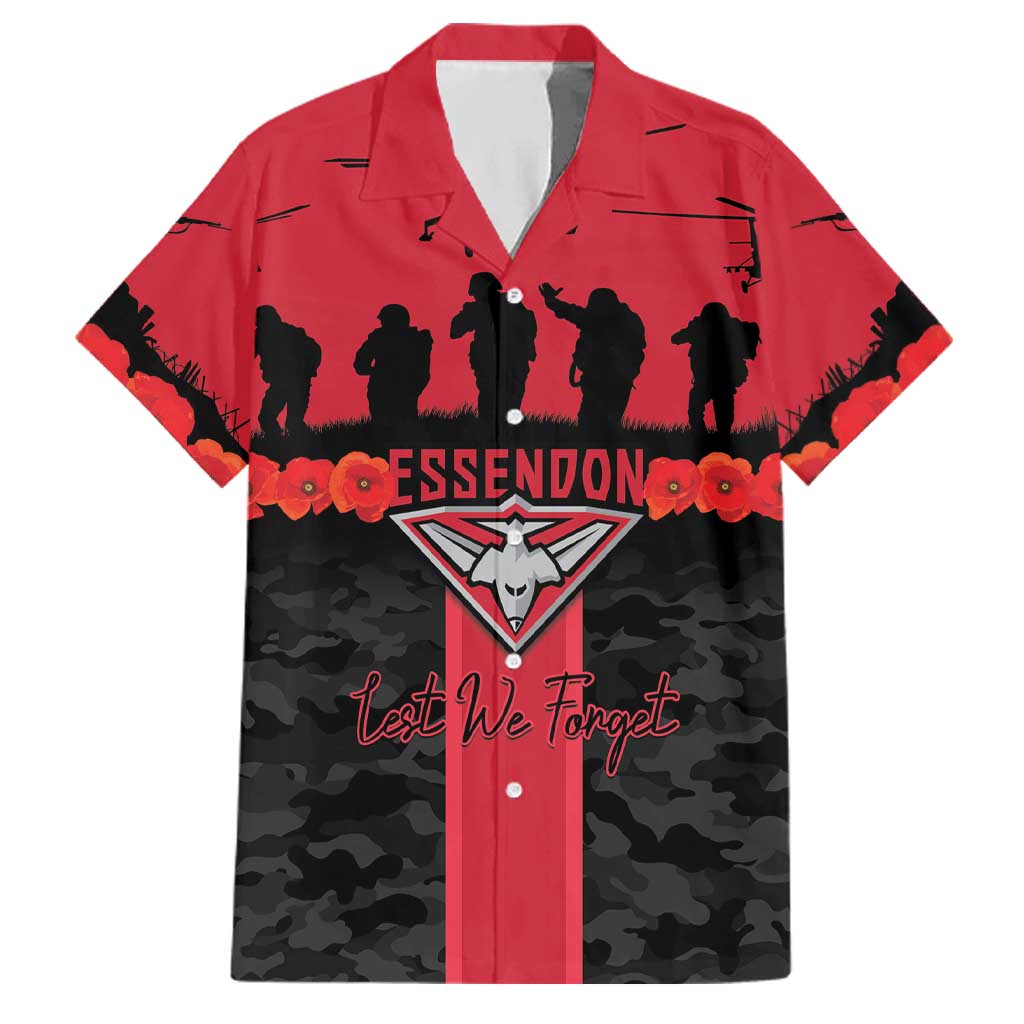 Personalised Essendon Football ANZAC Day Family Matching Off The Shoulder Long Sleeve Dress and Hawaiian Shirt Bombers Poppy Lest We Forget