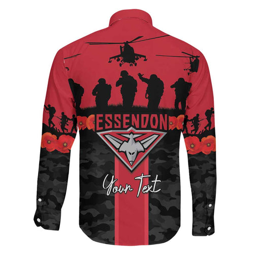 Personalised Essendon Football ANZAC Day Family Matching Off The Shoulder Long Sleeve Dress and Hawaiian Shirt Bombers Poppy Lest We Forget