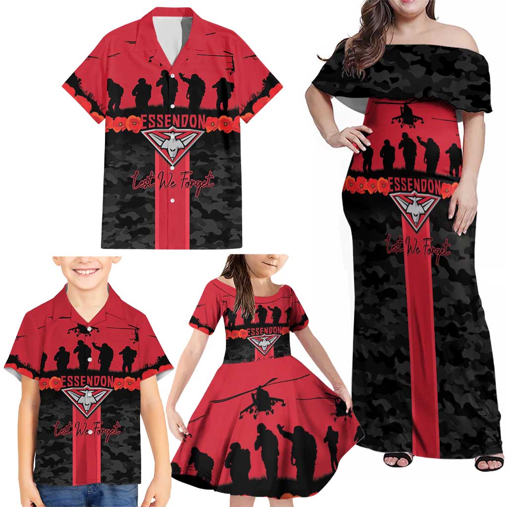 Personalised Essendon Football ANZAC Day Family Matching Off Shoulder Maxi Dress and Hawaiian Shirt Bombers Poppy Lest We Forget
