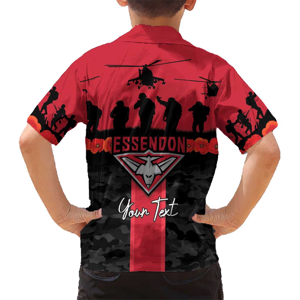 Personalised Essendon Football ANZAC Day Family Matching Off Shoulder Maxi Dress and Hawaiian Shirt Bombers Poppy Lest We Forget