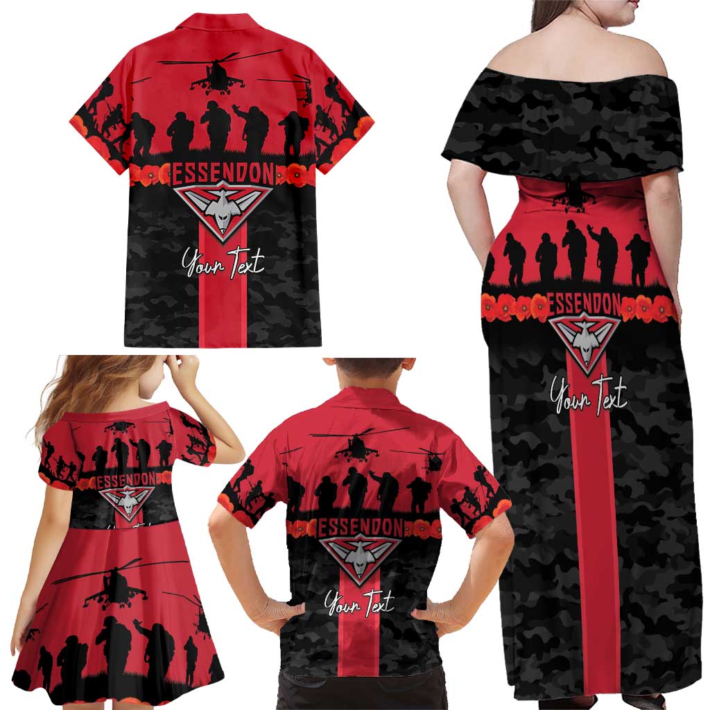 Personalised Essendon Football ANZAC Day Family Matching Off Shoulder Maxi Dress and Hawaiian Shirt Bombers Poppy Lest We Forget