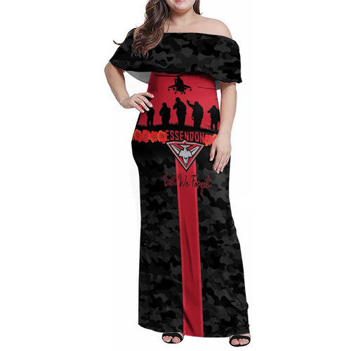 Personalised Essendon Football ANZAC Day Family Matching Off Shoulder Maxi Dress and Hawaiian Shirt Bombers Poppy Lest We Forget