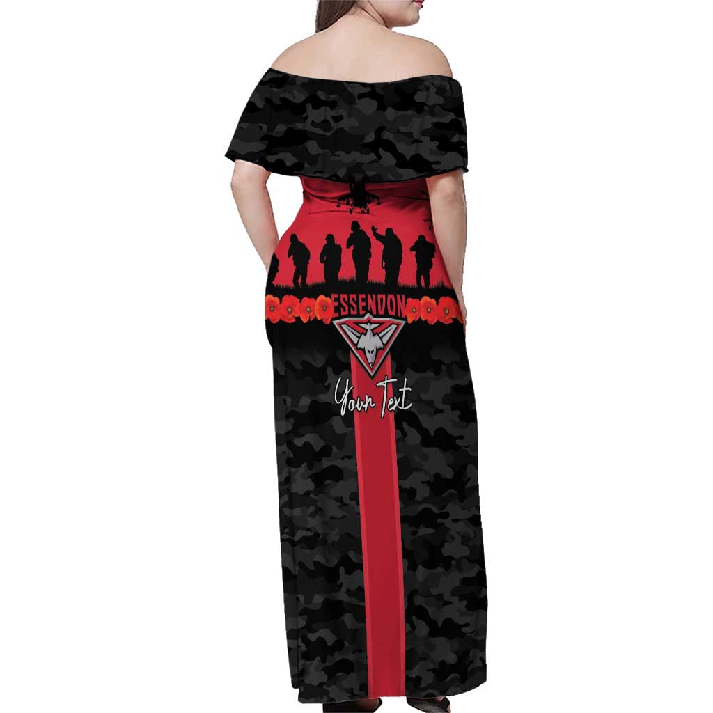 Personalised Essendon Football ANZAC Day Family Matching Off Shoulder Maxi Dress and Hawaiian Shirt Bombers Poppy Lest We Forget