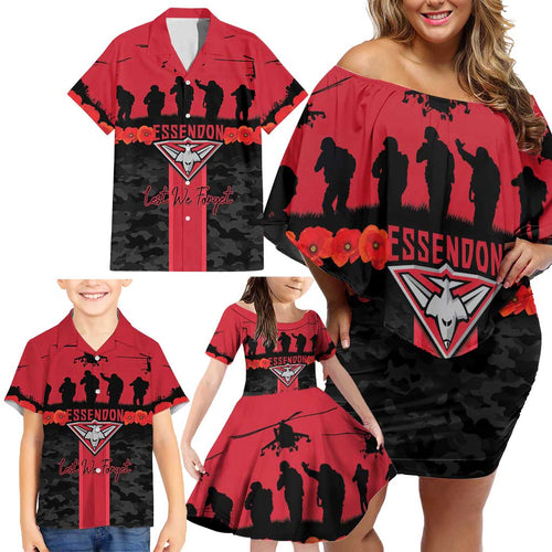 Personalised Essendon Football ANZAC Day Family Matching Off Shoulder Short Dress and Hawaiian Shirt Bombers Poppy Lest We Forget