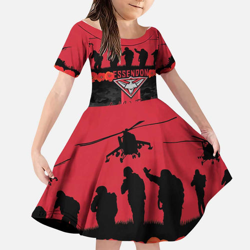 Personalised Essendon Football ANZAC Day Family Matching Off Shoulder Short Dress and Hawaiian Shirt Bombers Poppy Lest We Forget