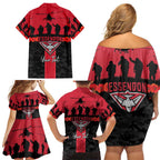Personalised Essendon Football ANZAC Day Family Matching Off Shoulder Short Dress and Hawaiian Shirt Bombers Poppy Lest We Forget
