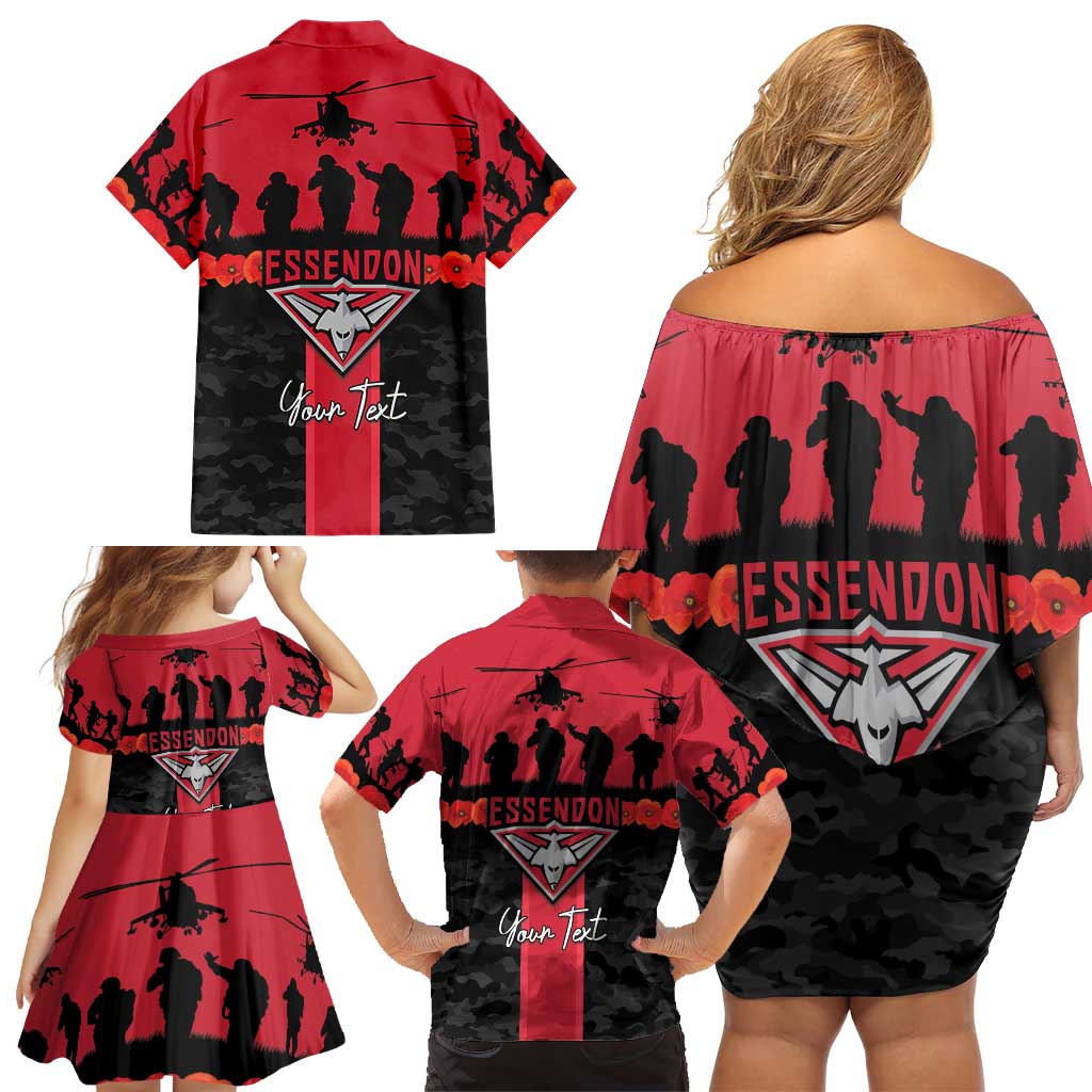 Personalised Essendon Football ANZAC Day Family Matching Off Shoulder Short Dress and Hawaiian Shirt Bombers Poppy Lest We Forget