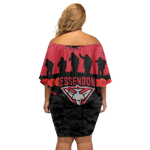 Personalised Essendon Football ANZAC Day Family Matching Off Shoulder Short Dress and Hawaiian Shirt Bombers Poppy Lest We Forget