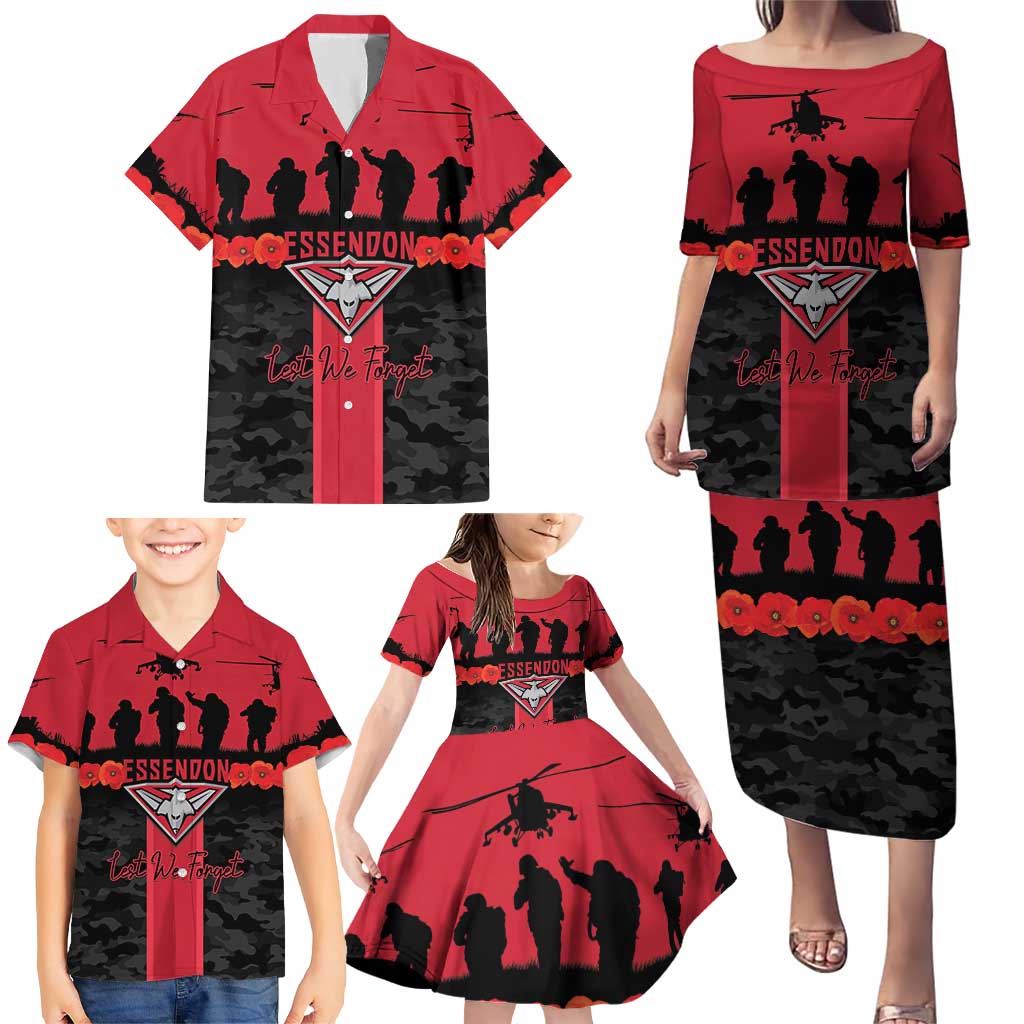 Personalised Essendon Football ANZAC Day Family Matching Puletasi and Hawaiian Shirt Bombers Poppy Lest We Forget