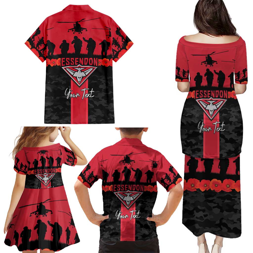 Personalised Essendon Football ANZAC Day Family Matching Puletasi and Hawaiian Shirt Bombers Poppy Lest We Forget