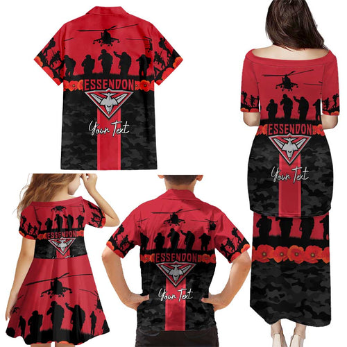 Personalised Essendon Football ANZAC Day Family Matching Puletasi and Hawaiian Shirt Bombers Poppy Lest We Forget