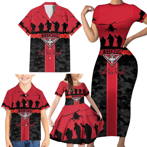 Personalised Essendon Football ANZAC Day Family Matching Short Sleeve Bodycon Dress and Hawaiian Shirt Bombers Poppy Lest We Forget