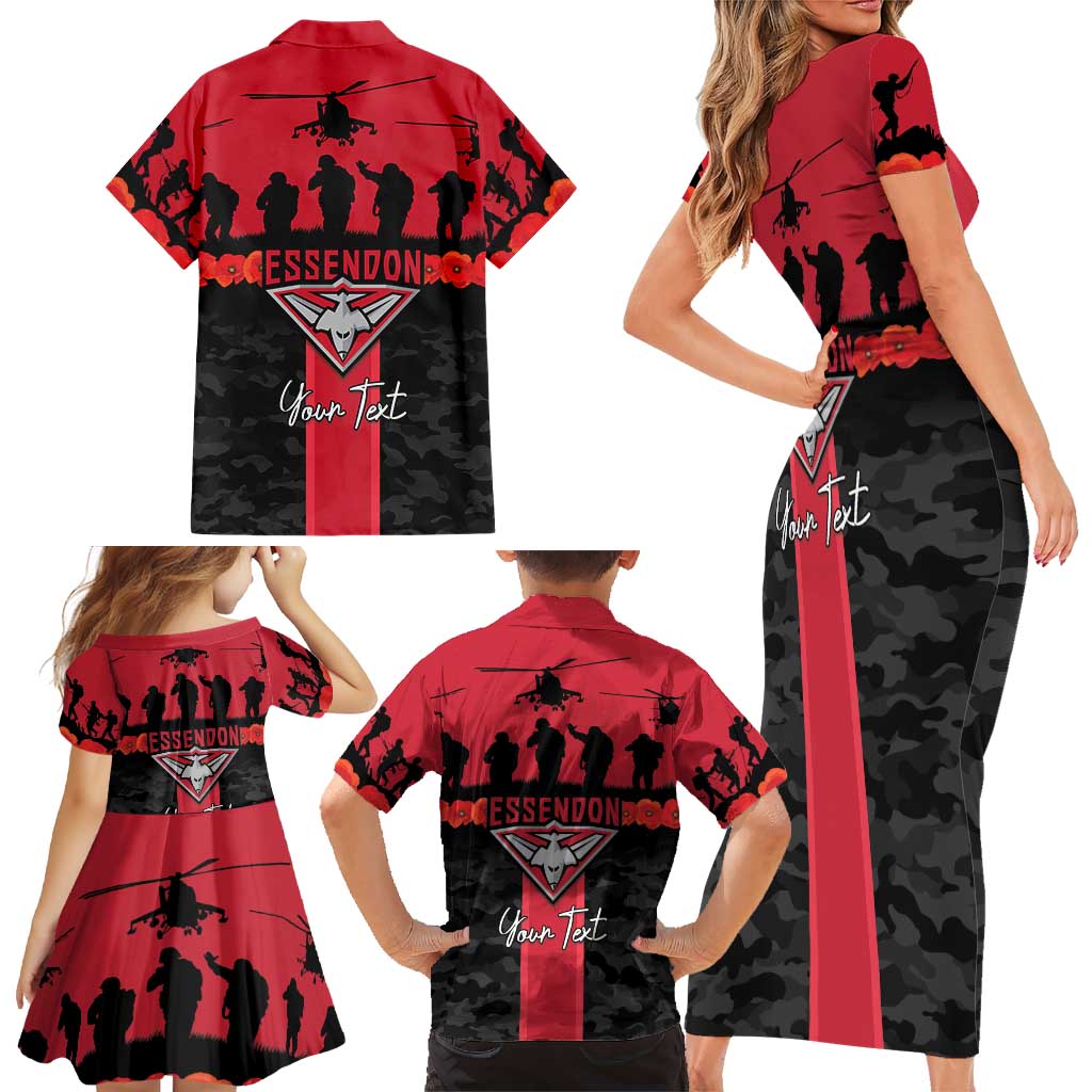 Personalised Essendon Football ANZAC Day Family Matching Short Sleeve Bodycon Dress and Hawaiian Shirt Bombers Poppy Lest We Forget