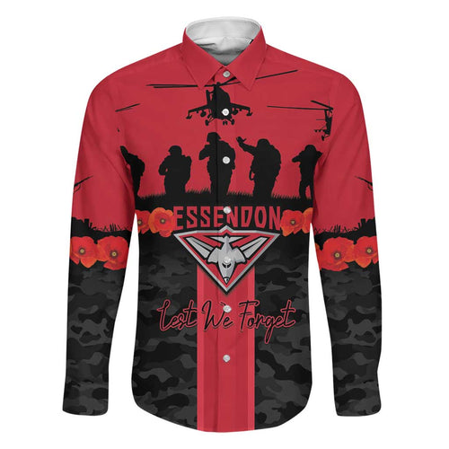 Personalised Essendon Football ANZAC Day Family Matching Short Sleeve Bodycon Dress and Hawaiian Shirt Bombers Poppy Lest We Forget